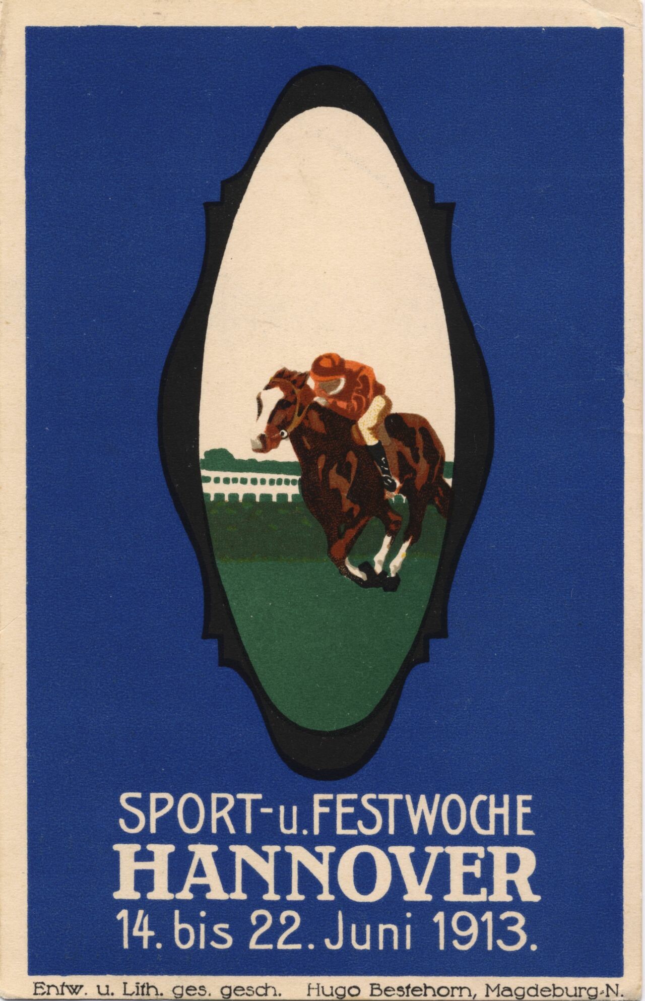 Sport- und Festwoche Hannover 14. bis 22. Juni 1913 (Postkarte), Entwurf und Lithographie: H. Bestehorn, Magdeburg; Historisches Museum Hannover