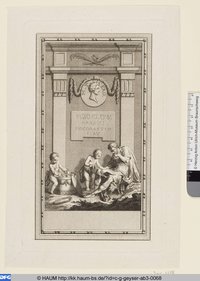 Gelehrter, zwei Knaben und Schriftrollen vor einem Denkmal für Cicero