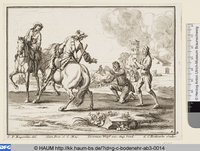 Zwei Reiter und um Gnade flehende Bauern vor brennendem Gehöft
